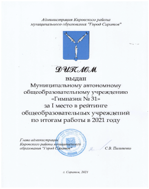 Диплом администрации Кировского района муниципального образования «Город Саратов»